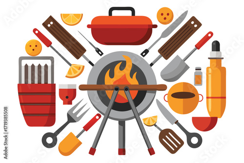 Flames lick charcoal within a grill surrounded by barbeque accessories and lemon slices