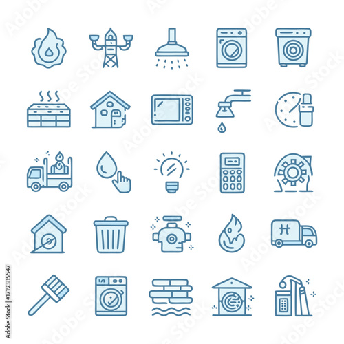 Collection of blue and white icons representing home services and utilities