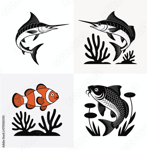 Silhouette fish including marlin clownfish and carp with aquatic plants Keywords: fish, silhouette, marlin, swordfish, sailfish, needlefish