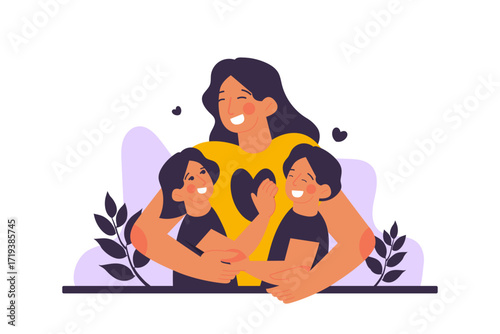 mother hugs her two children