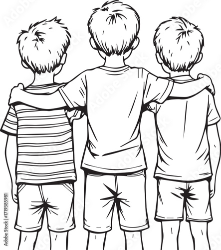 Friendship's Embrace: A heartwarming illustration of three boys with their arms around each other, symbolizing camaraderie and unity