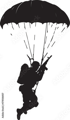 Paratrooper silhouette in mid-air: A striking silhouette of a paratrooper in action, descending gracefully under a billowing parachute.