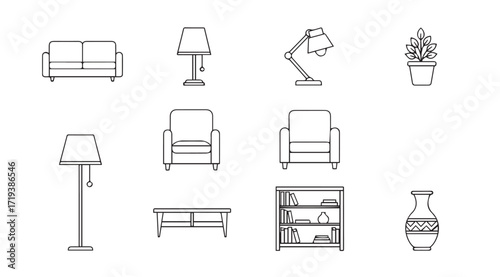 Collection of hand drawn furniture and decor items silhouette