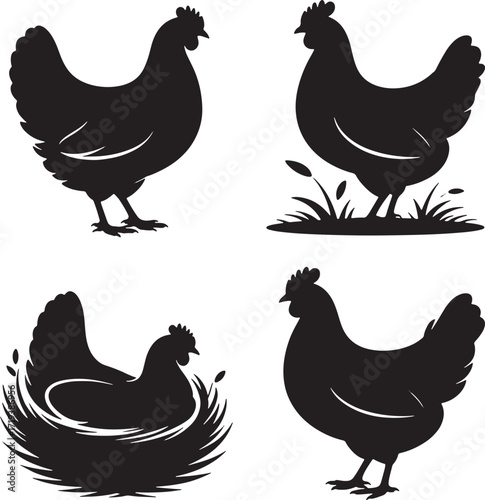 Four Black Silhouettes of Hens in Different Poses and Settings chicken fowl