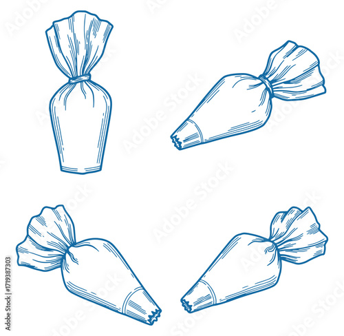 Hand drawn illustration of pastry bags in various positions on a white background