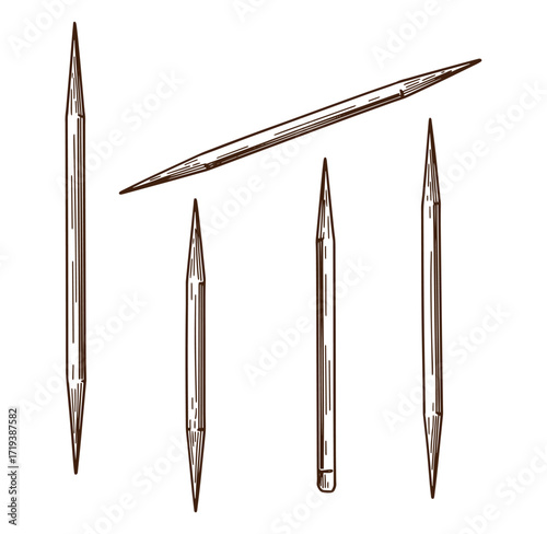 Hand drawn illustration of several wooden toothpicks arranged on a white background