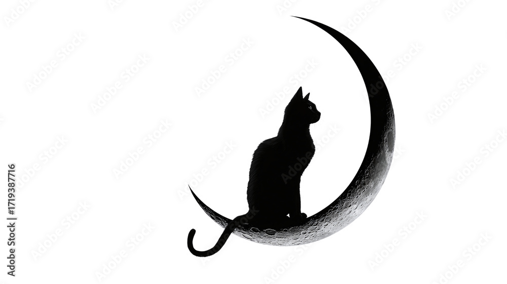 Fototapeta premium Black cat sitting on crescent moon silhouette, mystical Halloween design, isolated on transparent background 