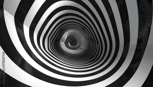 Hypnotic black and white spiral tunnel optical illusion with a sense of depth and motion