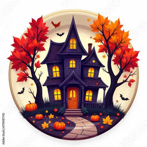 Halloween illustration of a scary witch  house with autumn trees isolated on white background