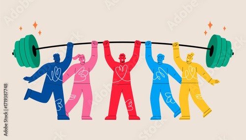 Team of people lift barbell together. Successful team concept. Colorful vector illustration