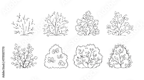 Collection of eight stylized line art tree and bush silhouettes