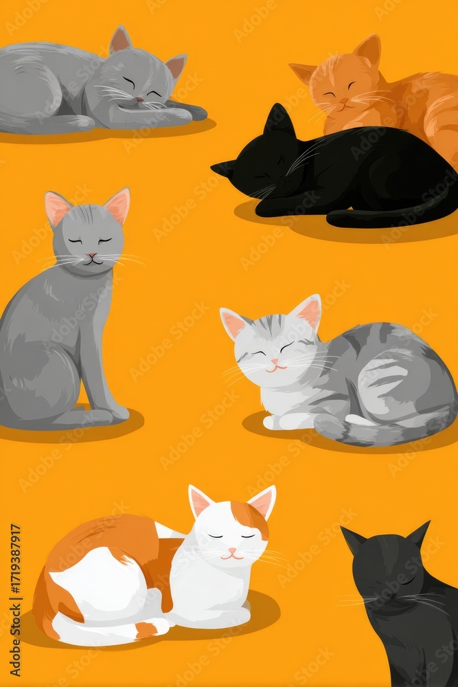 Fototapeta premium Flat Illustration of Playful Cats in Minimal Geometric Style