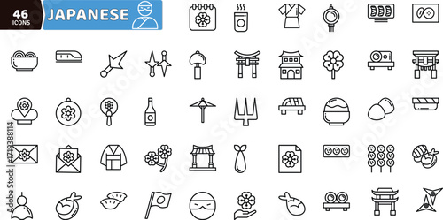 Japanese Culture and Symbols Icons Set - Asian Tradition Vector Collection