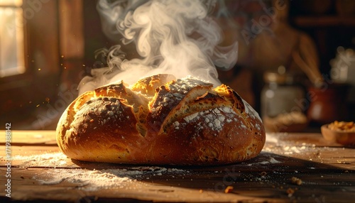 Steaming hot, freshly baked artisan bread on a rustic wooden table, dusted with flour, emanating warmth and the inviting aroma of homemade goodness from a cozy kitchen setting