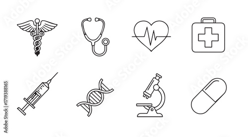 Collection of medical icons and symbols in a sketchy silhouette style