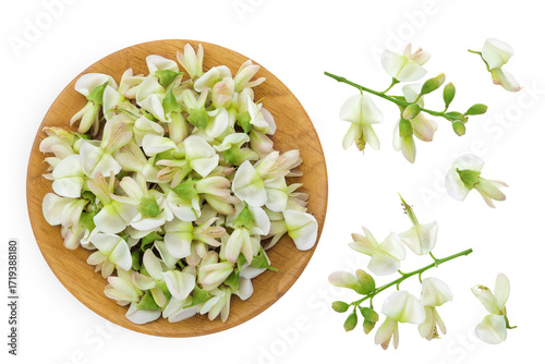 flowers of Sophora japonica or Styphnolobium japonicum in wooden bowl isolated on white background. Top view. Flat lay