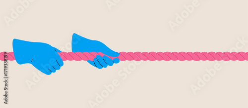 Two human hands pulling a thick rope. Colorful vector illustration
