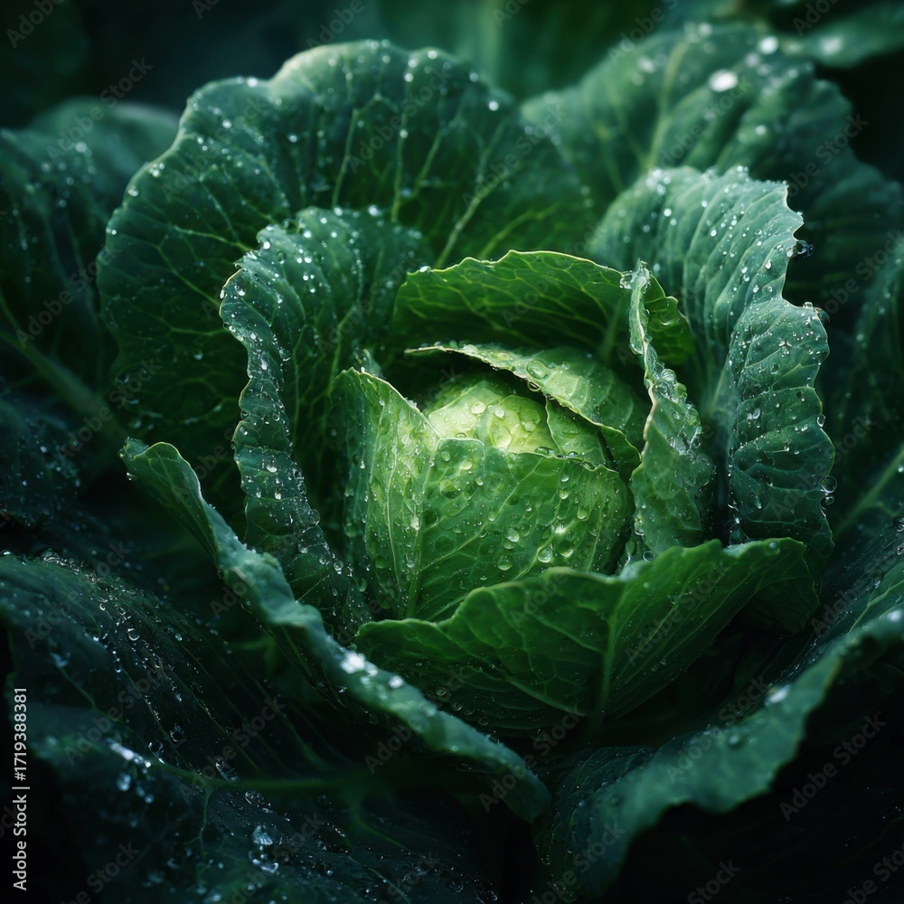 Obraz premium Fresh green cabbage head with water droplets in garden.