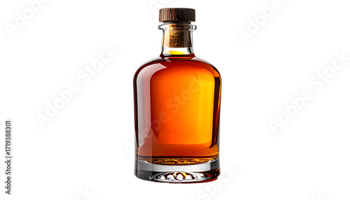 Amber liquid fills a clear glass bottle with a rounded body, a thick base, and a wood-topped cork