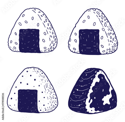Hand drawn illustration of various onigiri rice balls with nori seaweed wraps