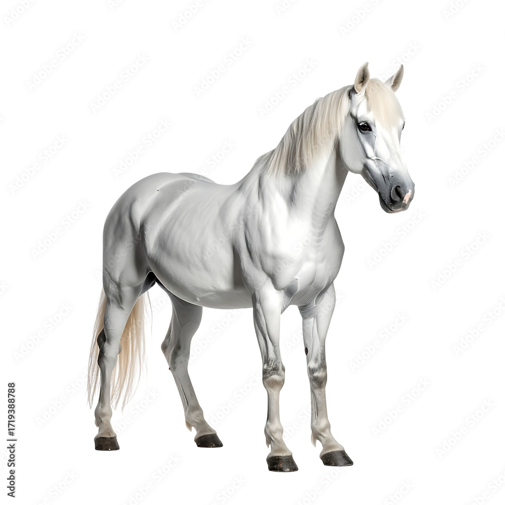 Fototapeta premium A light grey horse, slightly muscular, stands calmly against a black background. Its mane and tail are lighter, almost white