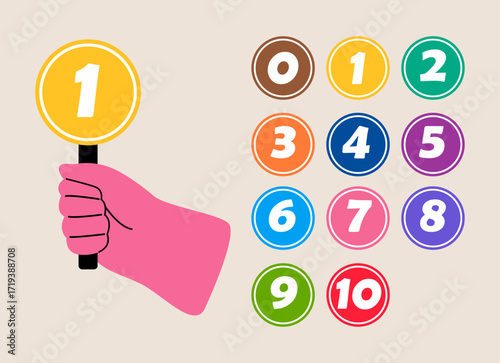 Hand holding nameplate with amount of scores. Plates with scores from 0 to 10 for voting. Colorful vector illustration