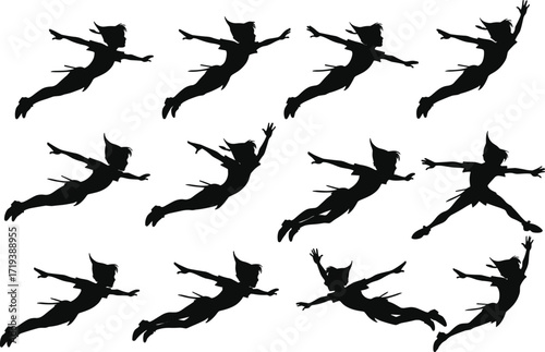 Flying character silhouettes set, fantasy figure, magical boy, pointed hat, flight poses, fairy tale hero, whimsical design, animation sequence, adventure illustration