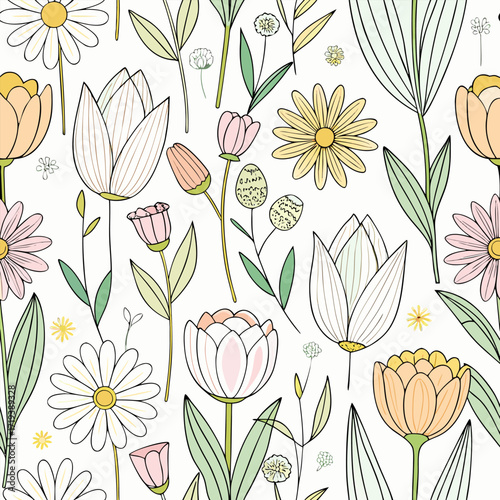 Pastel Floral Seamless Pattern: Delicate Tulips, Daisies, and Spring Blossoms