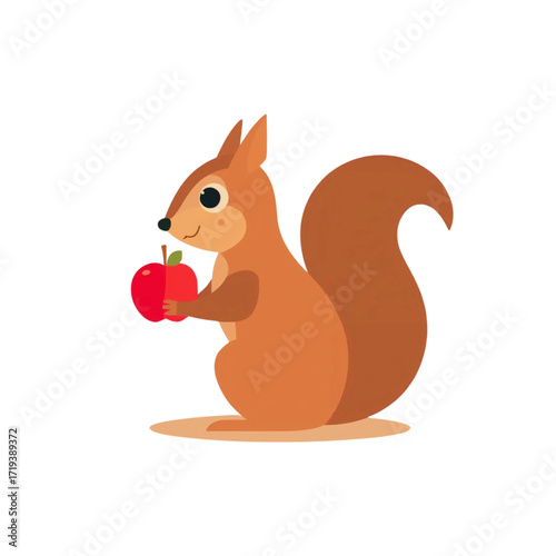 Cute cartoon squirrel eating a nut in the forest