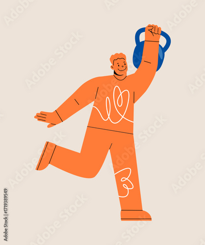 Man lifting kettlebell. Colorful vector illustration