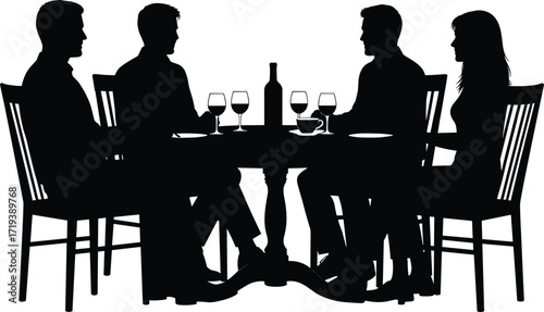 Dinner party silhouette, people dining together, social gathering illustration, wine bottle on table, vector art, black silhouette, formal dinner scene