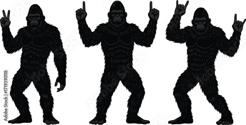 Gorilla illustration set, peace sign, pointing gesture, rock on hands, funny animal, primate art, cartoon style, humorous wildlife design