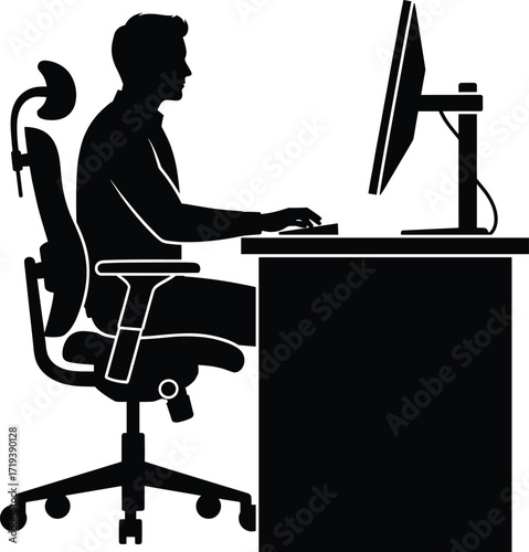 Ergonomic workstation silhouette, office chair with headrest, person working at computer desk, proper posture, desktop setup, productivity, black and white vector