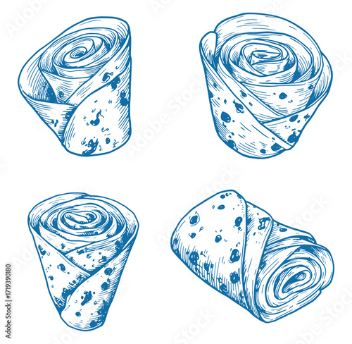 Hand-drawn illustration of rolled flatbreads in various perspectives against a white background.