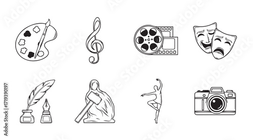 Collection of artistic and creative symbols in a simple silhouette style