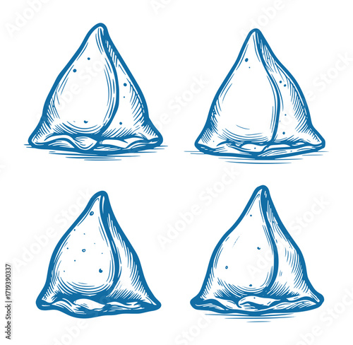 Hand-drawn illustration of samosas indian street food in elegant engraving style