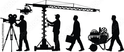 Film crew silhouette, vintage camera, movie production team, filmmaking equipment, cinematic scene, black and white vector, film industry, studio workflow illustration