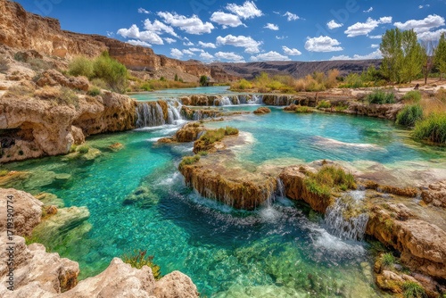 Turquoise pools and waterfalls cascade through a desert canyon