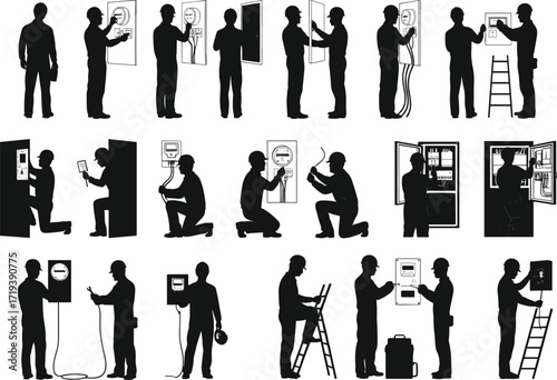 Electrician silhouette vector, electrical worker illustration, maintenance technician poses, repair tools, ladder work, control panel inspection, black isolated figures, job workflow