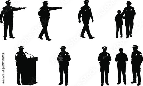 Silhouette vector of police officers on duty, pointing directions, patrolling, helping citizens, giving speech, writing reports, maintaining law, order, security.