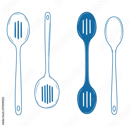 Illustrated collection of various kitchen spoon styles for culinary cooking and recipes