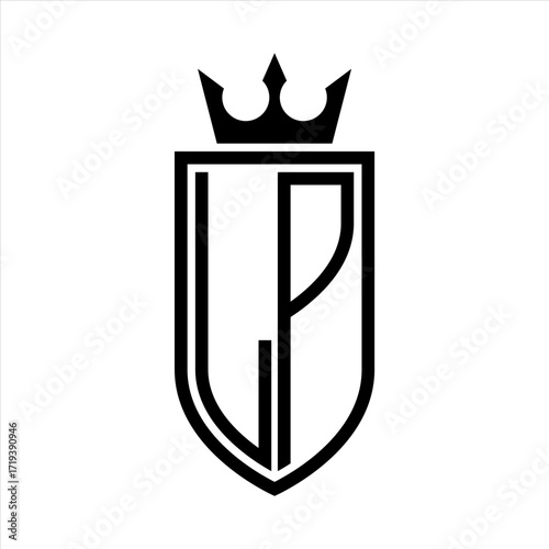 LP Vector logo of initials shield with crown and minimalist, elegant style