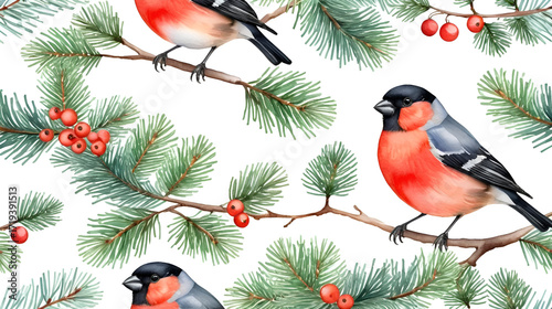 Watercolor Christmas forest branches and bullfinch. Illustration AI Generative.