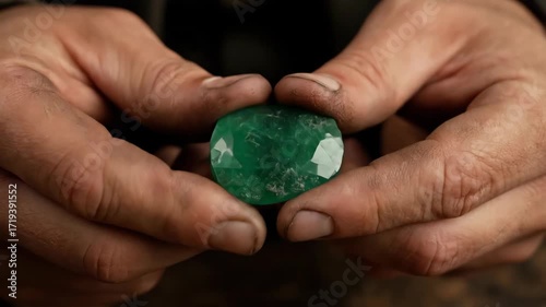 Man Holds a Large, Rough-Cut Emerald Gemstone in His Hands, Displaying Its Natural Beauty