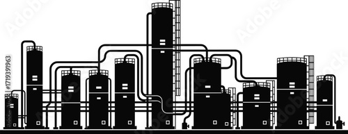 Industrial facility vector illustration, chemical plant infrastructure, refinery tanks and pipes, process engineering layout, petrochemical factory design, manufacturing equipment silhouette