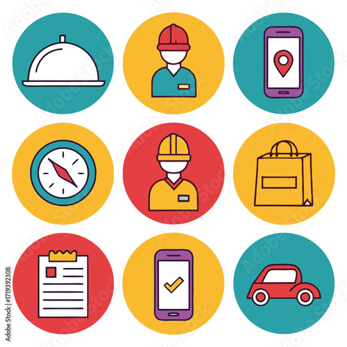 Restaurant food delivery icons set mobile apps logistics service cuisine online ordering business 