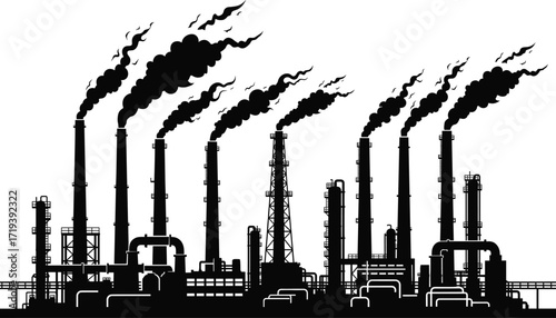 Industrial factory silhouette with smokestacks, air pollution, environmental damage, climate impact, toxic emissions, refinery infrastructure, dark smoke, global warming illustration, vector art