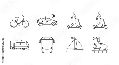 Collection of diverse transportation modes illustrated in a simple silhouette style