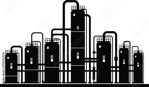 Industrial refinery plant vector illustration, chemical factory silhouette, oil processing facility, distillation towers, pipeline system, black and white engineering artwork