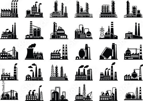Industrial factory silhouette icons, power plant vector set, refinery illustration, black manufacturing buildings, chemical processing units, smokestack, cooling tower, piping
